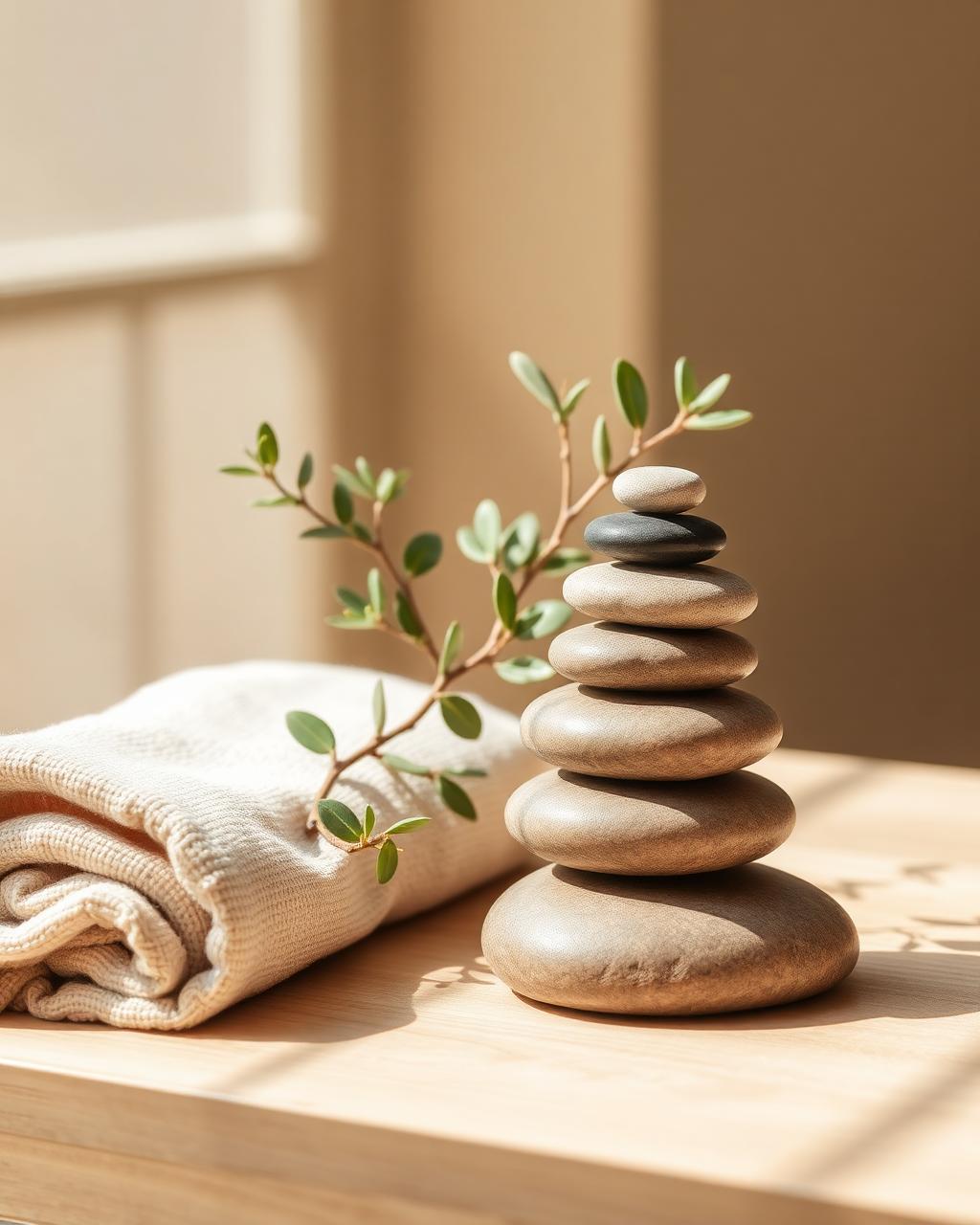Calm wellness still life with stones and eucalyptus